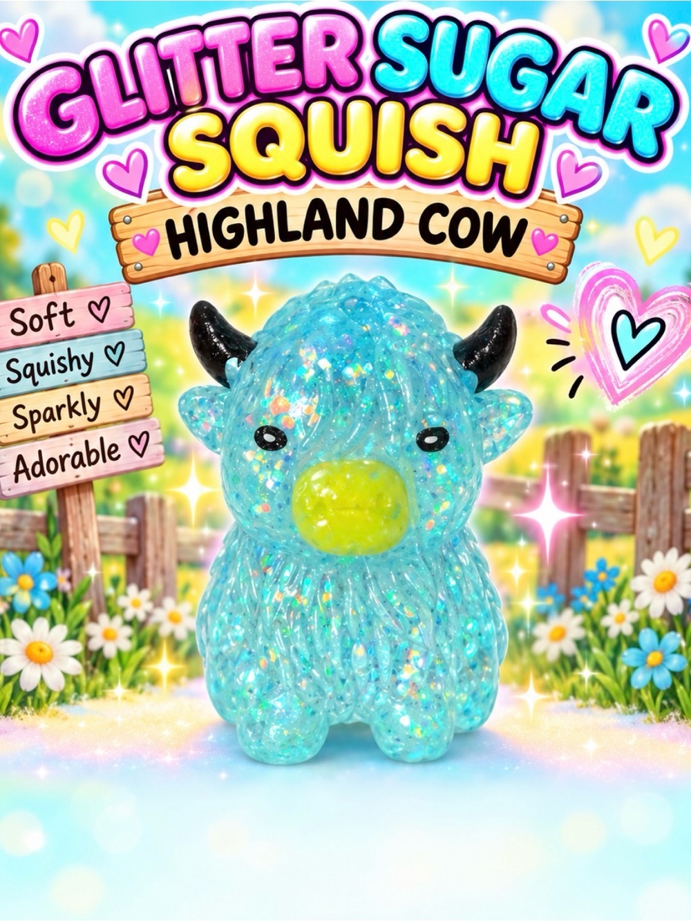 Glitter Sugar Squishy Highland Cow - Blue 🐮